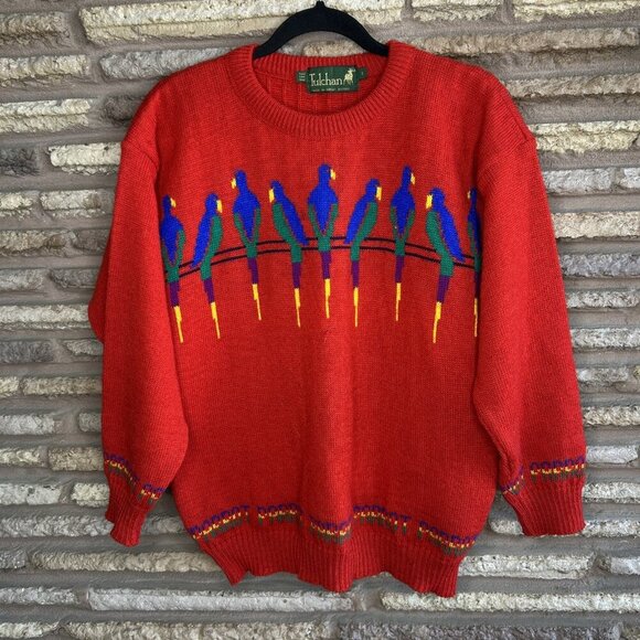 Tulchan Vintage Red Parrot 100% Wool British Made Sweater Size Large - Picture 8 of 8
